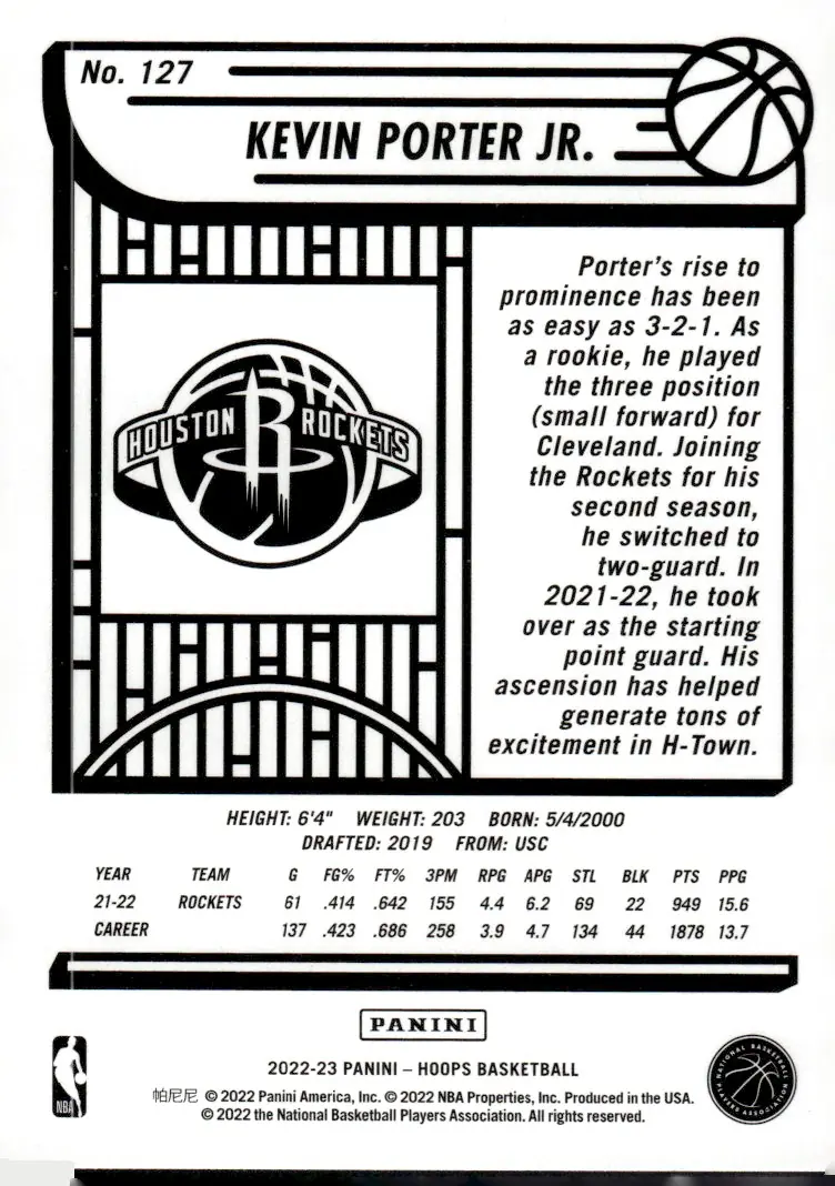 2022-23 NBA Hoops #127 Kevin Porter Jr. (back)