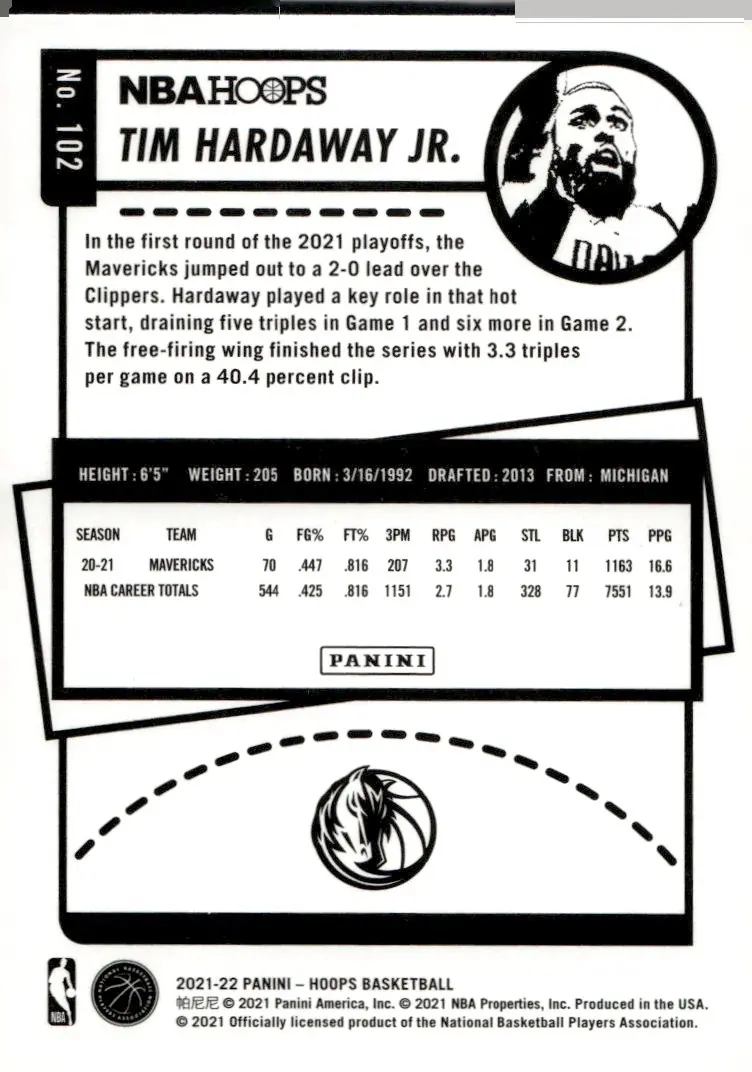 2021-22 NBA Hoops #102 Tim Hardaway Jr. (back)