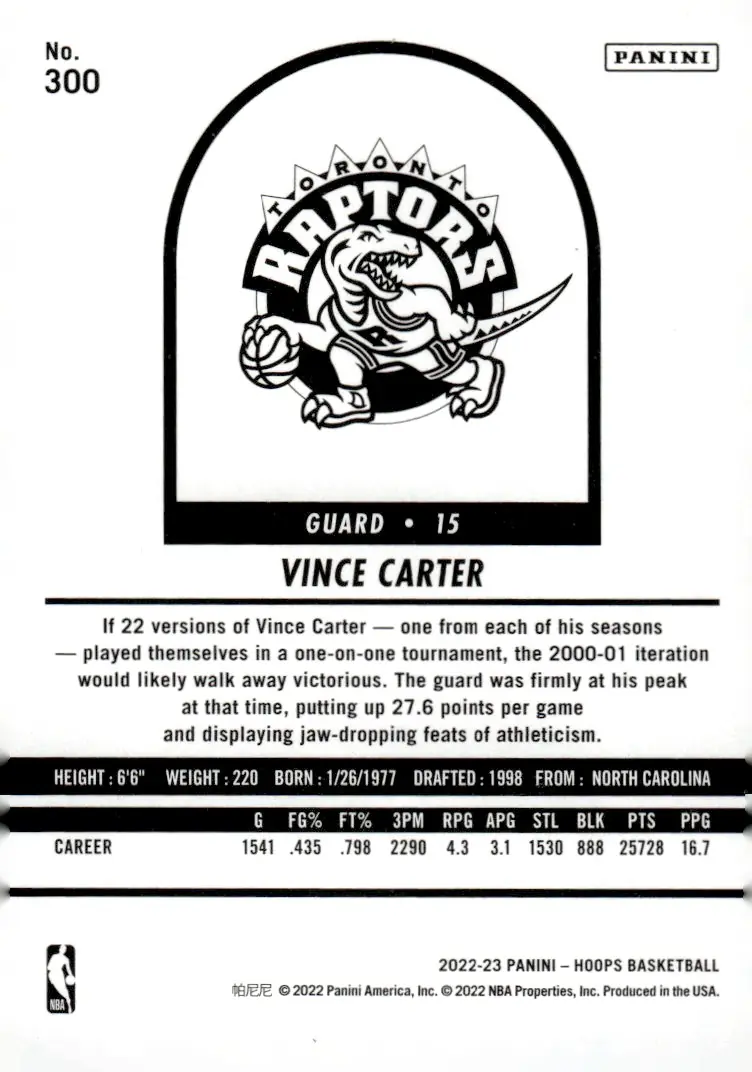 2022-23 NBA Hoops #300 Vince Carter (back)