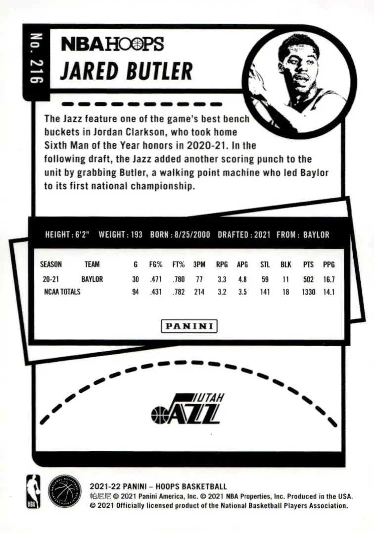 2021-22 NBA Hoops #216 Jared Butler (back)