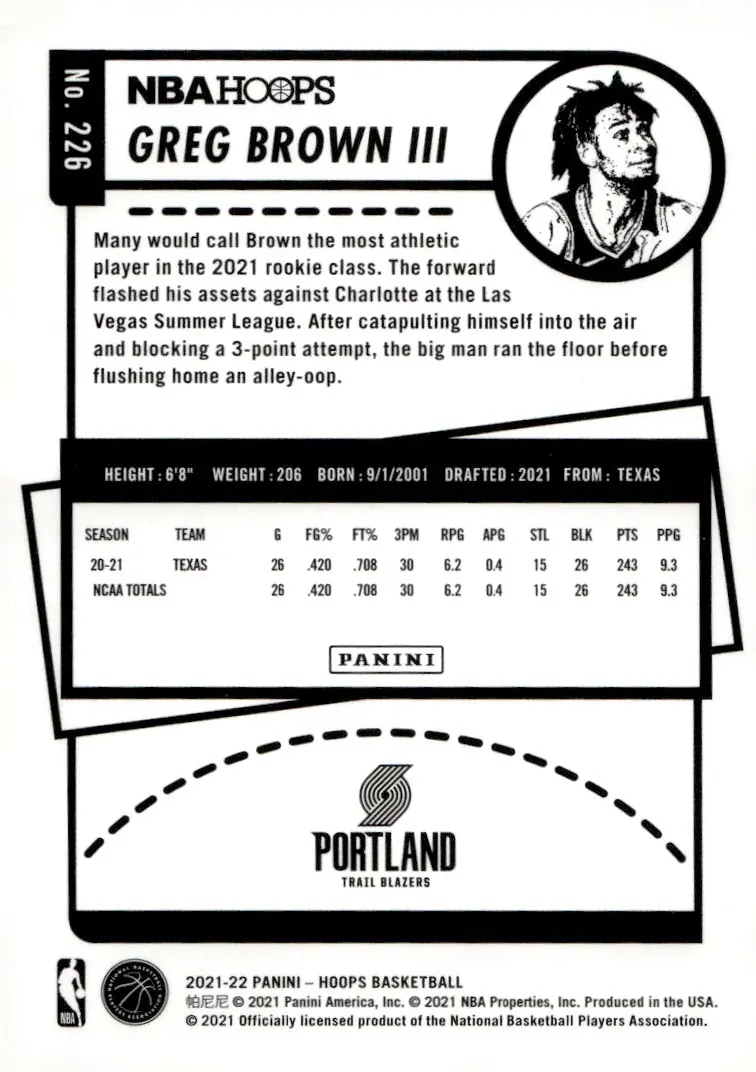 2021-22 NBA Hoops #226 Greg Brown III (back)