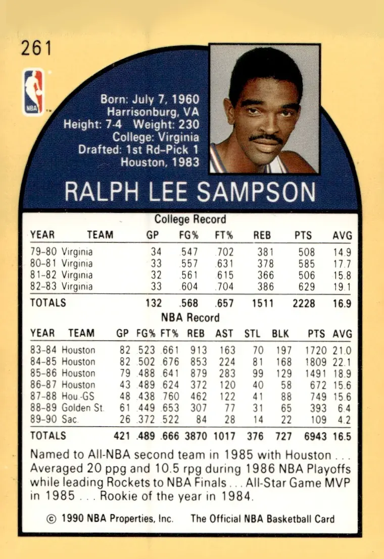 1990-91 NBA Hoops #261 Ralph Sampson (back)