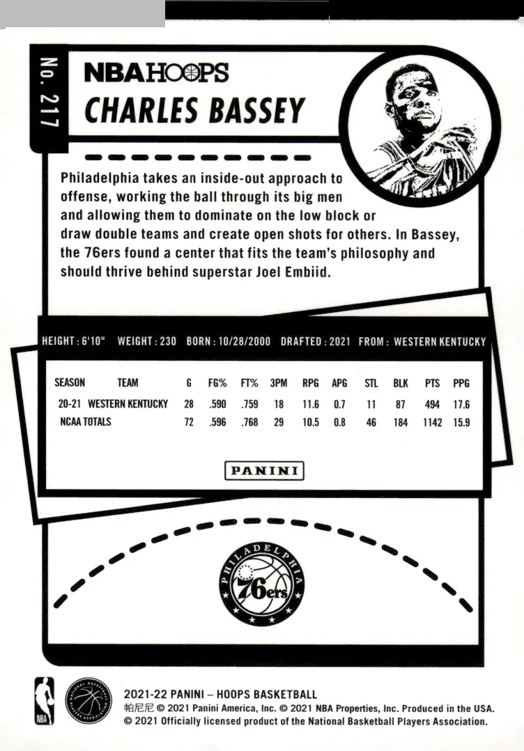 2021-22 NBA Hoops #217 Charles Bassey (back)