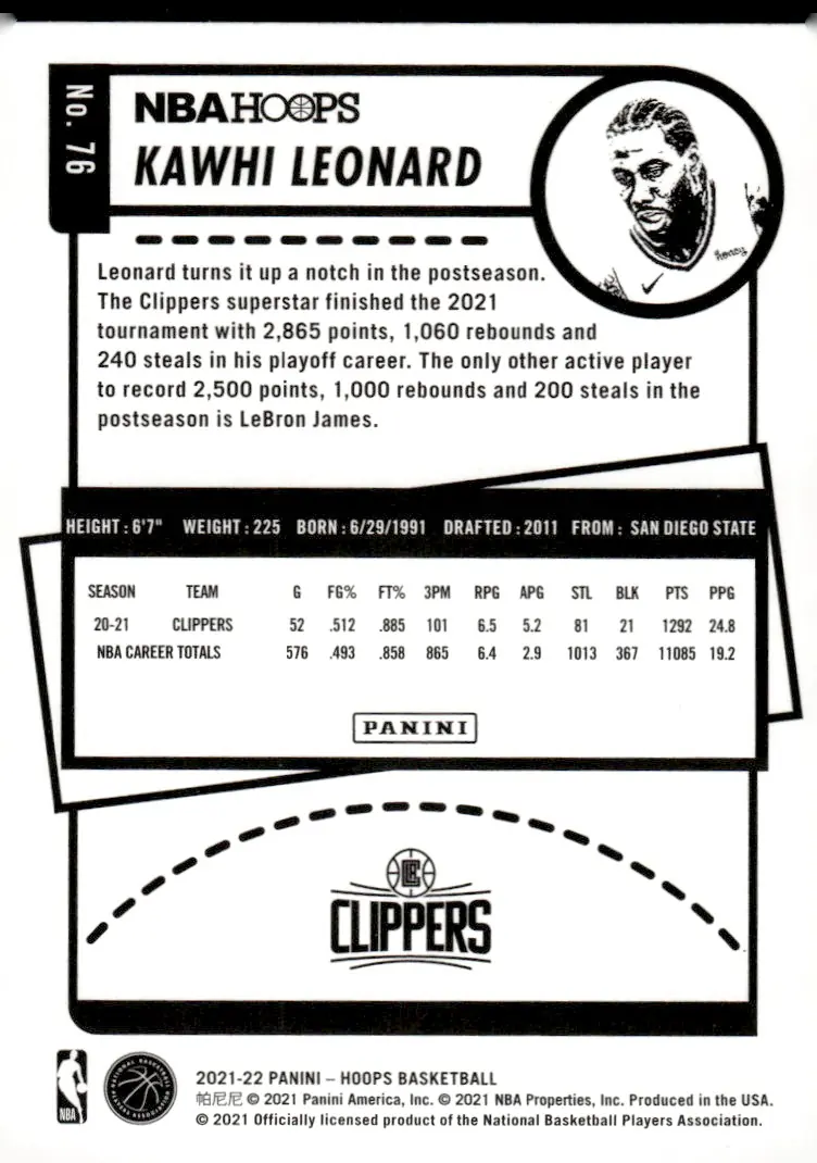 2021-22 NBA Hoops #76 Kawhi Leonard (back)