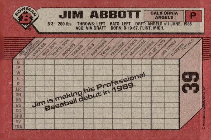 1989 Bowman #39 Jim Abbott (back)