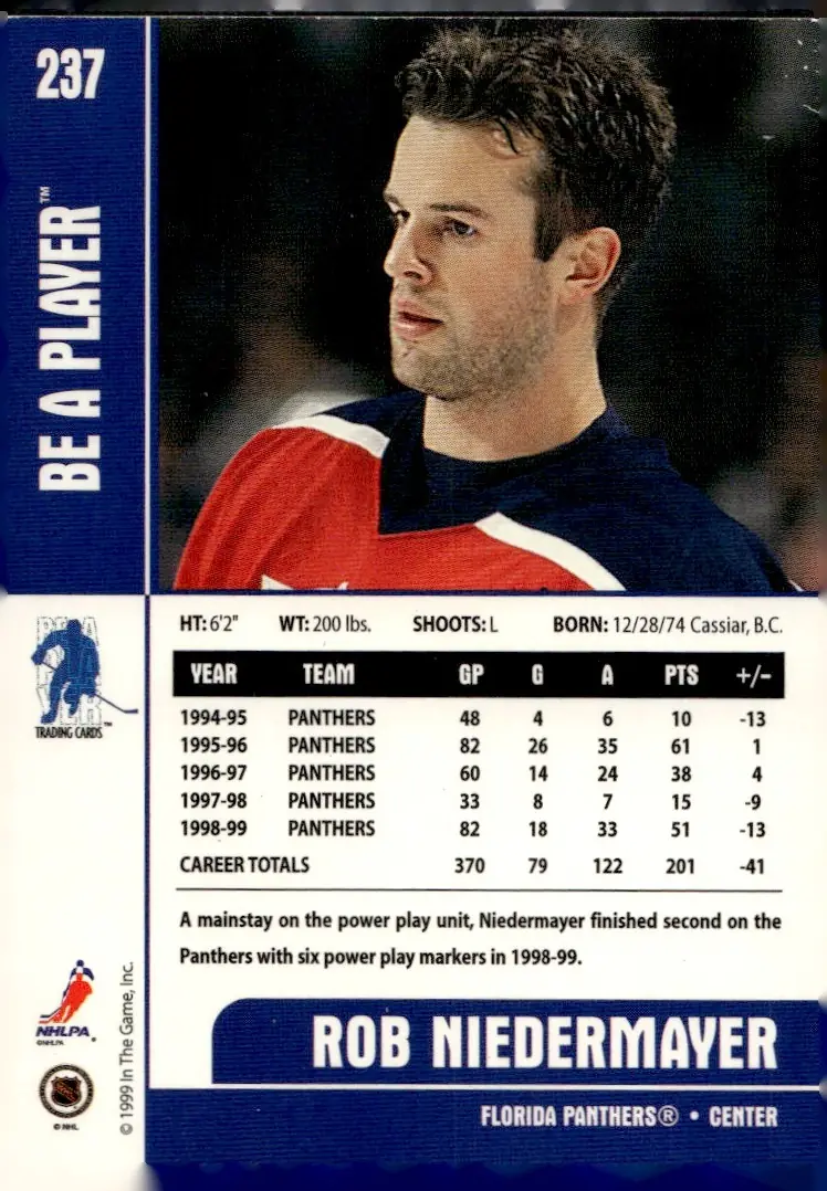 1999-00 Be A Player Memorabilia #237 Rob Niedermayer (back)
