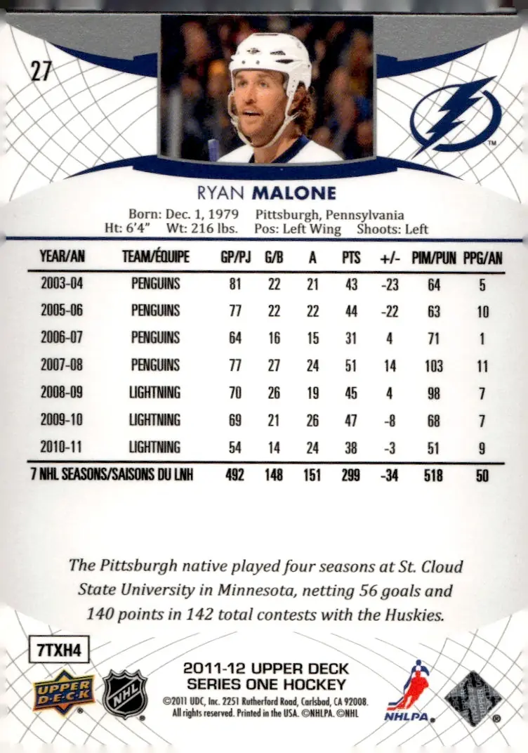 2011-12 Upper Deck Series One #27 Ryan Malone (back)