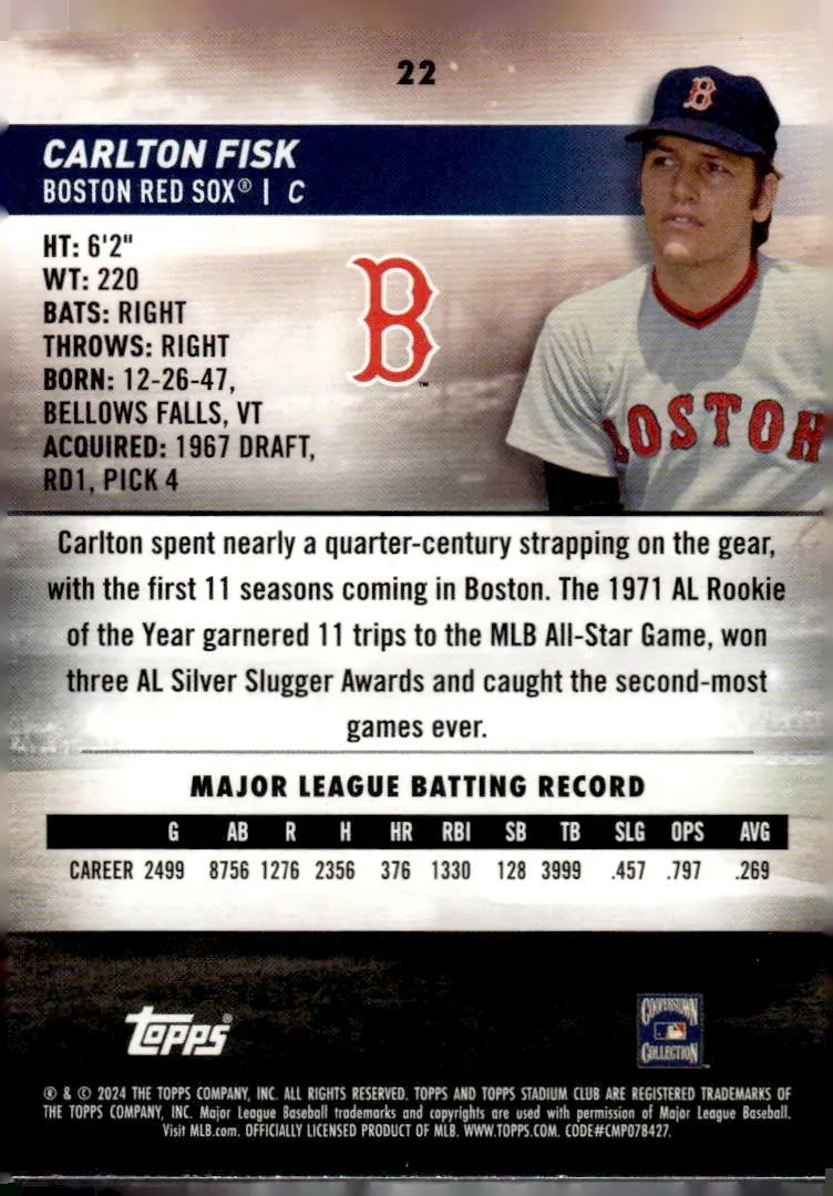 2024 Topps Stadium Club #22 Carlton Fisk (back)
