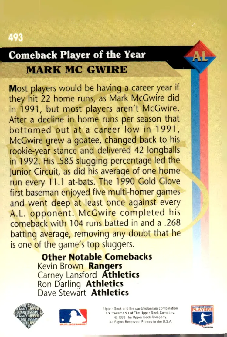 1993 Upper Deck #493 Mark McGwire (back)
