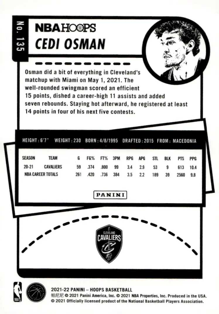 2021-22 NBA Hoops #135 Cedi Osman (back)