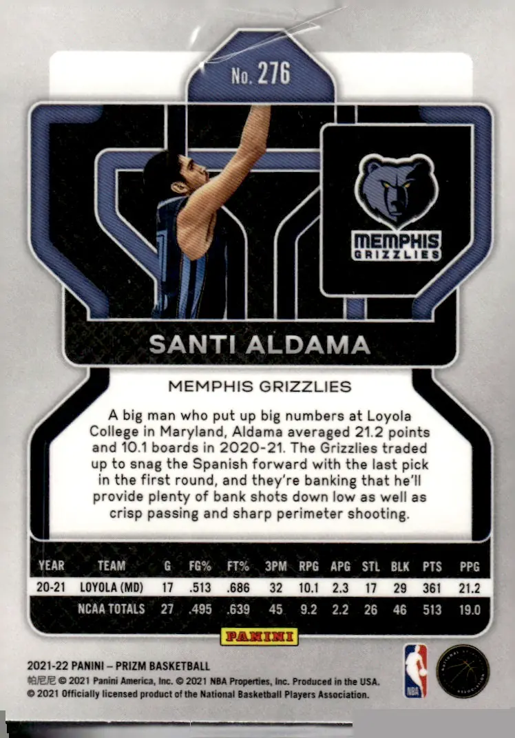 2021-22 Prizm Basketball #276 Santi Aldama (back)