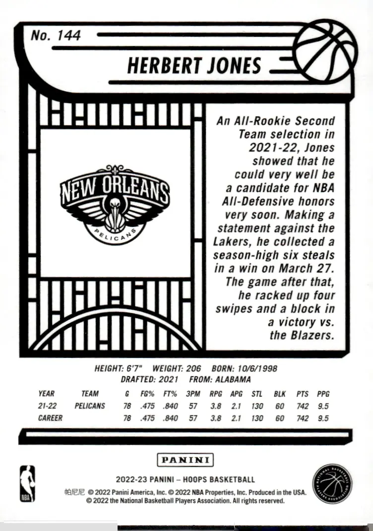 2022-23 NBA Hoops #144 Herbert Jones (back)