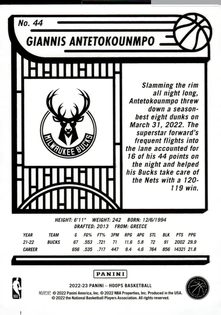 2022-23 NBA Hoops #44 Giannis Antetokounmpo (back)