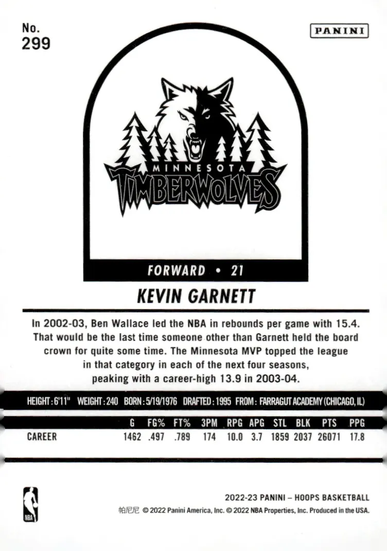 2022-23 NBA Hoops #299 Kevin Garnett (back)