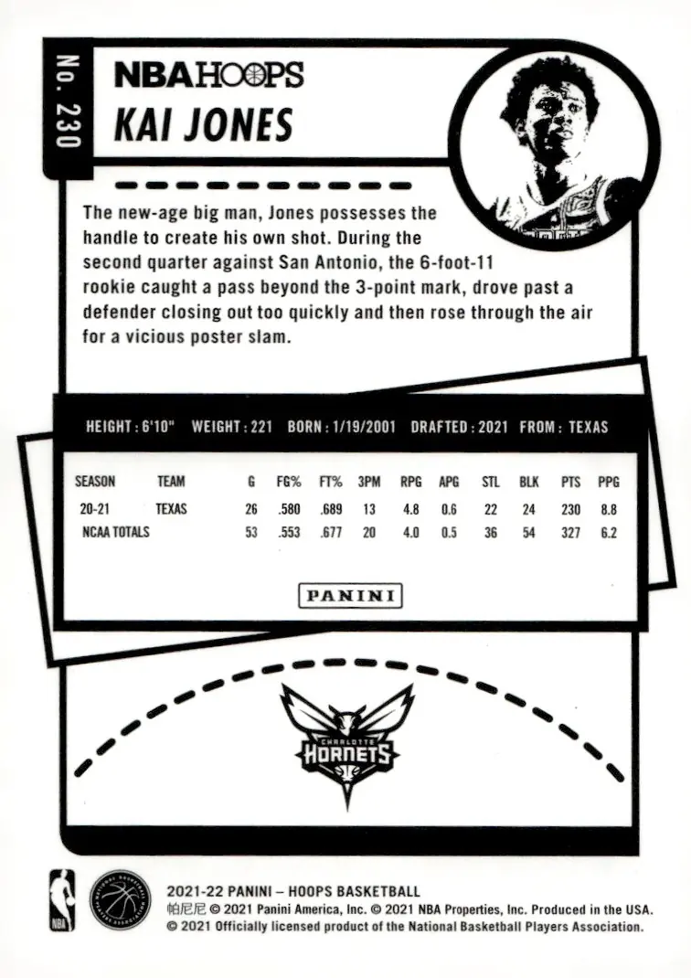 2021-22 NBA Hoops #230 Kai Jones (back)