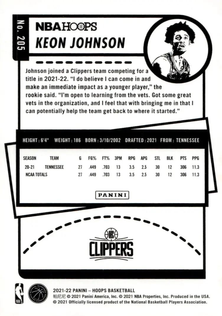 2021-22 NBA Hoops #205 Keon Johnson (back)