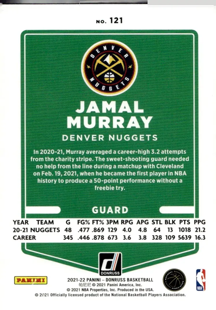 2021-22 Donruss #121 Jamal Murray (back)