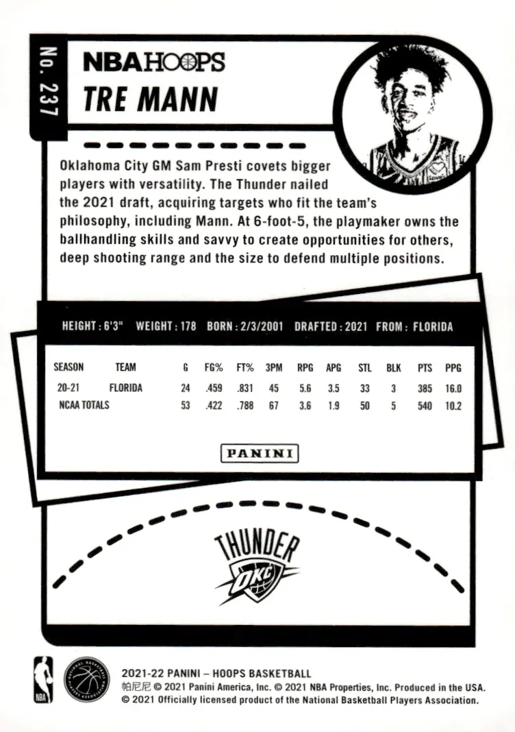 2021-22 NBA Hoops #237 Tre Mann (back)