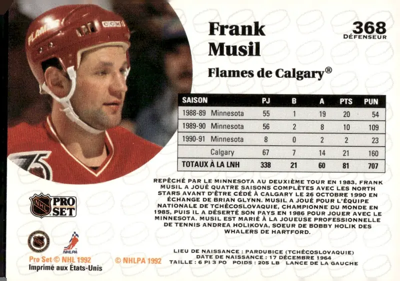 1991-92 Pro Set (French / Bilingual Canadian edition) #368 Frank Musil – French text variation (back)
