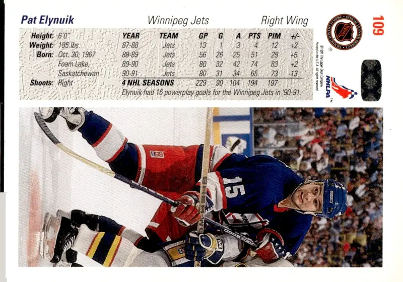 1991-92 Upper Deck #109 Pat Elynuik (back)