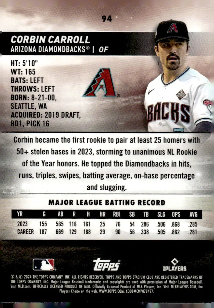 2024 Topps Stadium Club #94 Corbin Carroll – Red Foil (back)