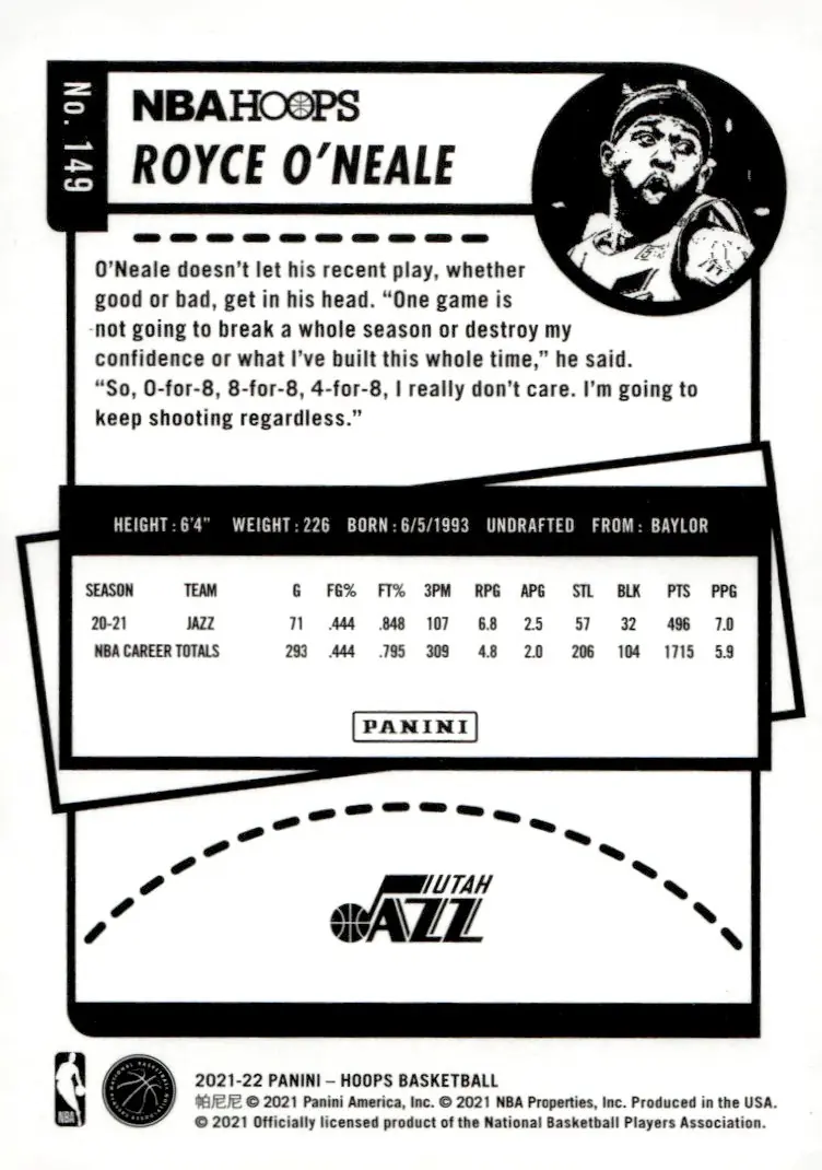 2021-22 NBA Hoops #149 Royce O'Neale (back)