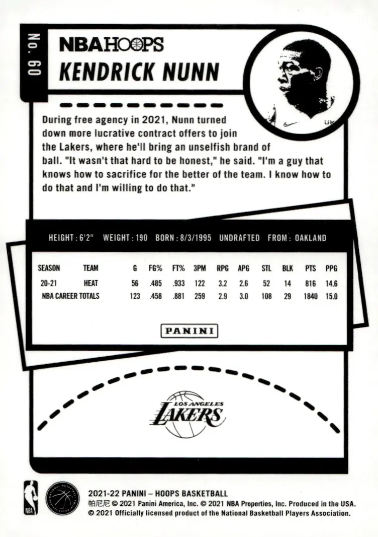 2021-22 NBA Hoops #60 Kendrick Nunn (back)