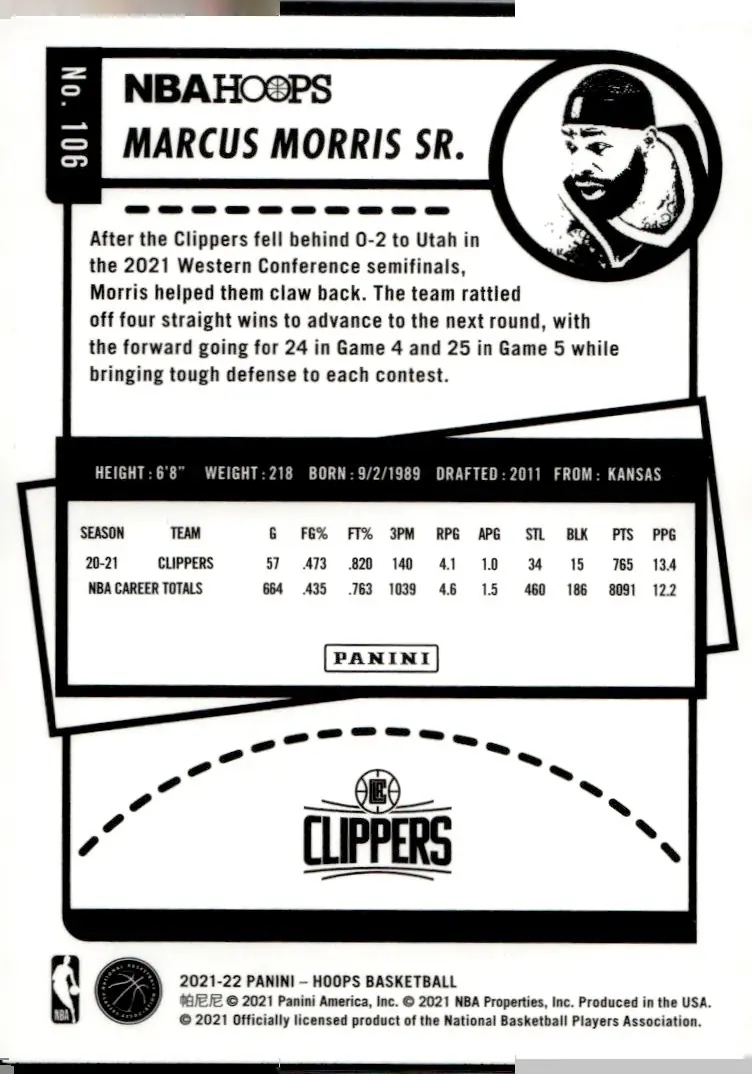 2021-22 NBA Hoops #106 Marcus Morris Sr. (back)
