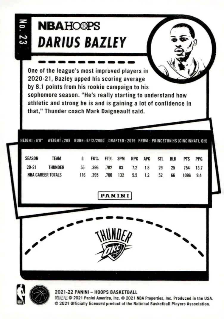 2021-22 NBA Hoops #23 Darius Bazley (back)