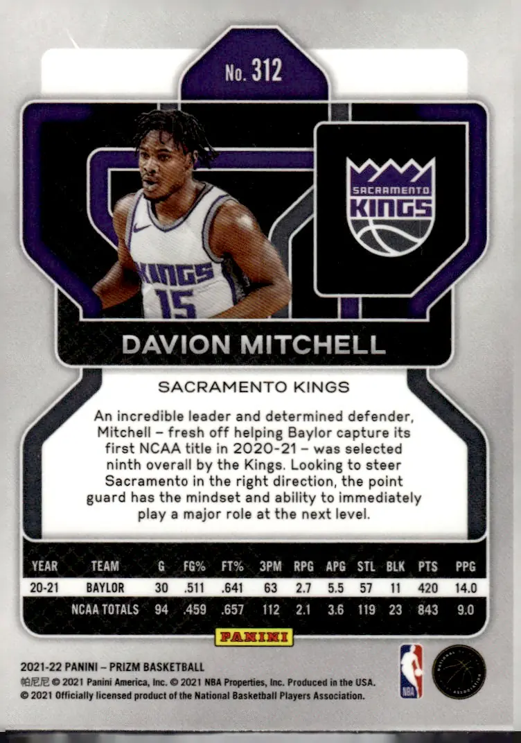 2021-22 Prizm #312 Davion Mitchell (back)