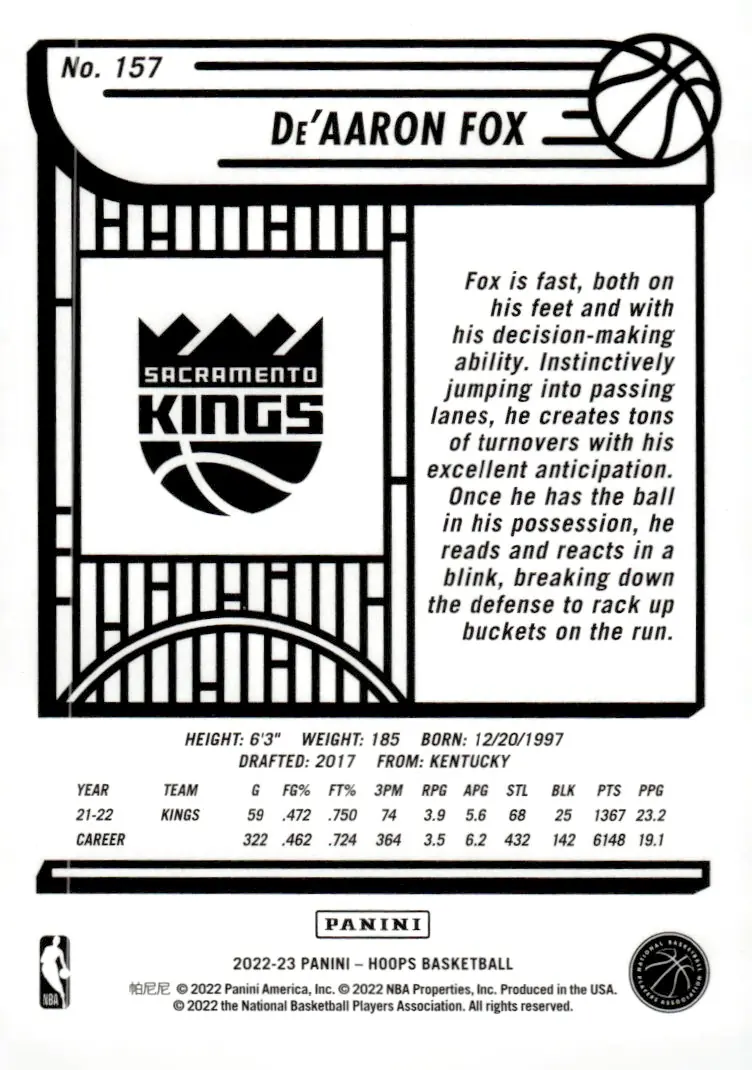 2022-23 NBA Hoops #157 De'Aaron Fox (back)