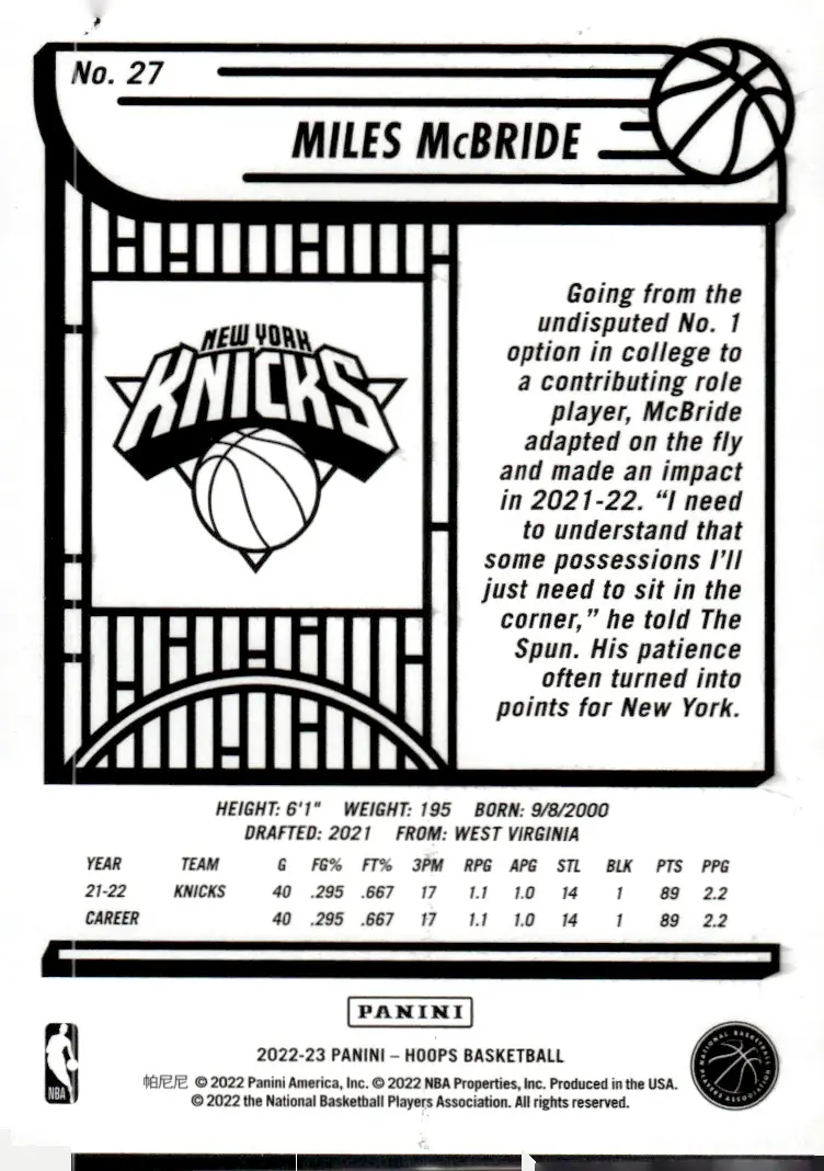 2022-23 NBA Hoops #27 Miles McBride (back)
