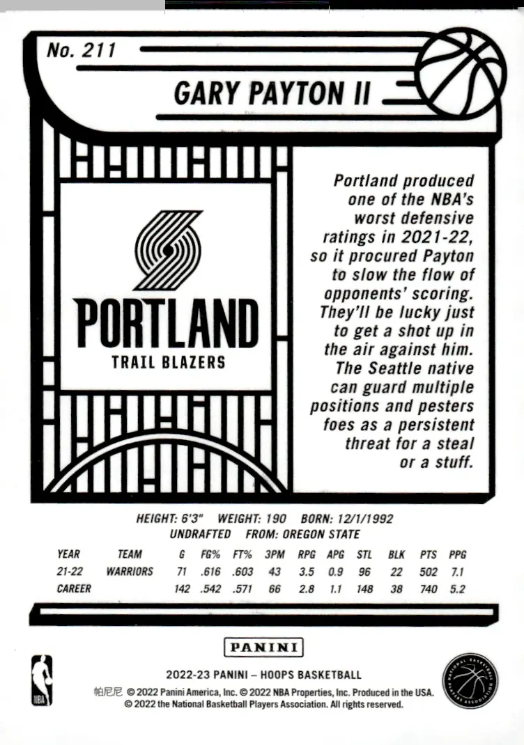 2022-23 NBA Hoops #211 Gary Payton II (back)