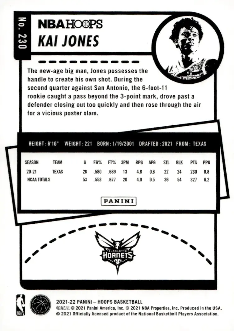 2021-22 NBA Hoops #230 Kai Jones (back)