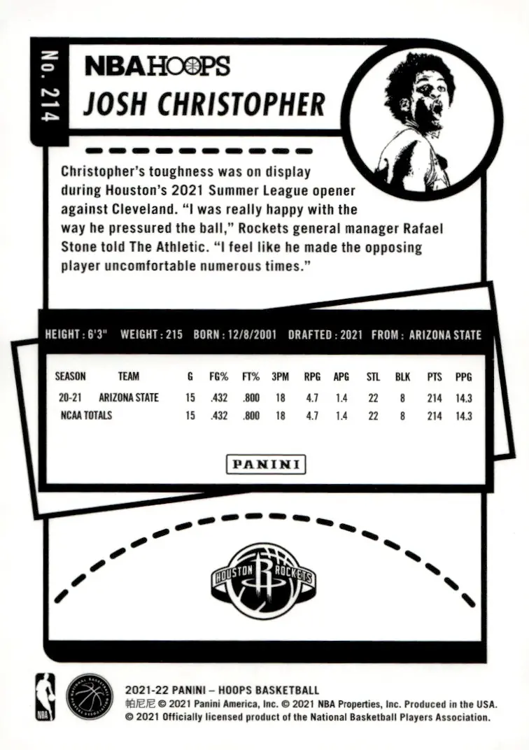 2021-22 NBA Hoops #214 Josh Christopher (back)