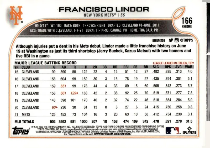 2022 Topps Chrome #166 Francisco Lindor – Refractor (back)