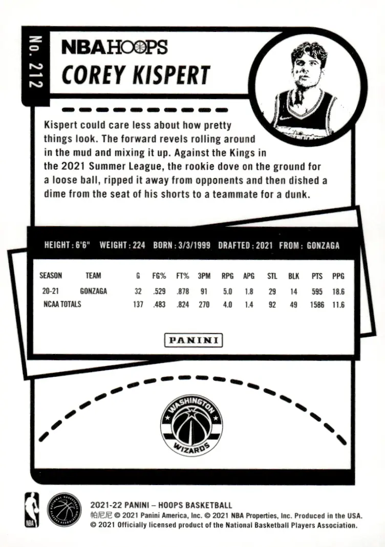 2021-22 NBA Hoops #212 Corey Kispert (back)