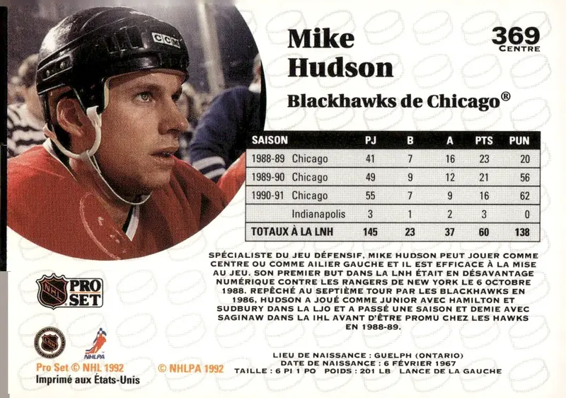 1991-92 Pro Set (French/Canadian edition) #369 Mike Hudson – French edition (back)