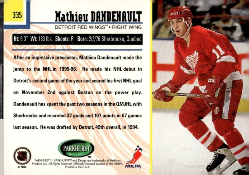 1995-96 Parkhurst International #335 Mathieu Dandenault (back)