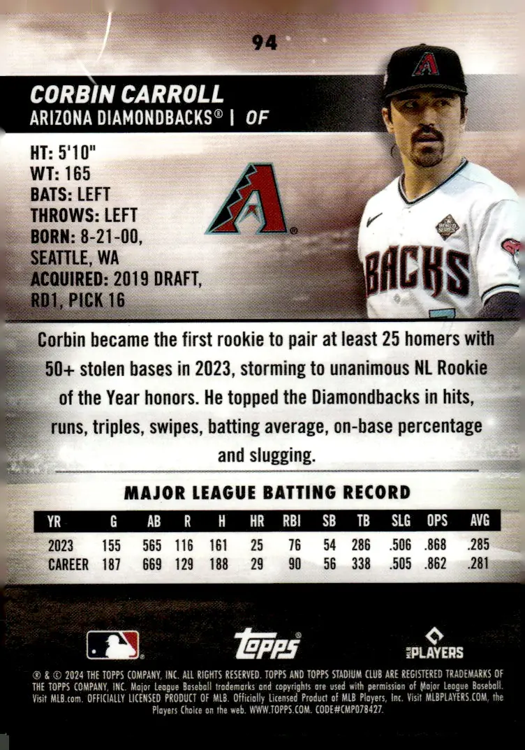 2024 Topps Stadium Club #94 Corbin Carroll – Red Foil (back)