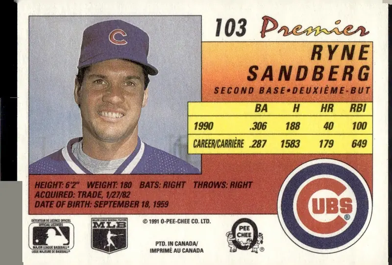 1991 O-Pee-Chee Premier #103 Ryne Sandberg (back)