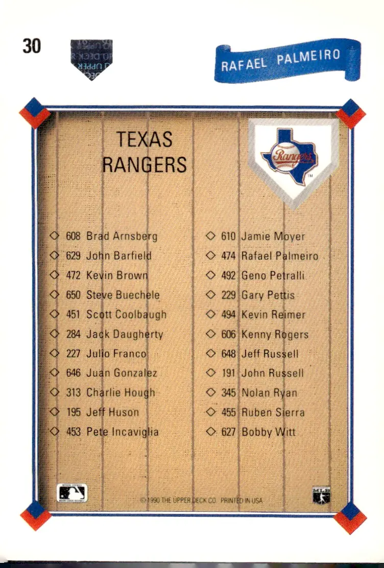 1991 Upper Deck #30 Rafael Palmeiro (back)