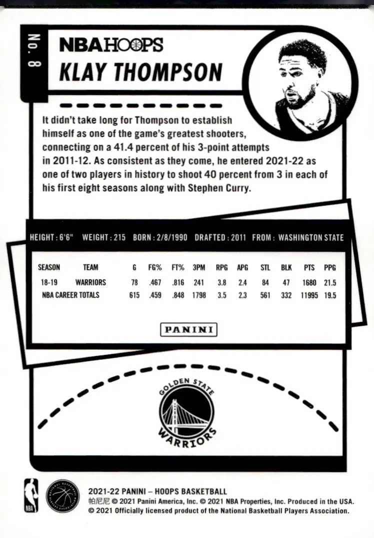 2021-22 NBA Hoops #8 Klay Thompson (back)