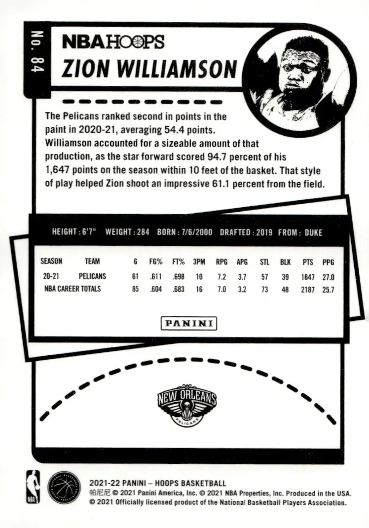 2021-22 NBA Hoops #84 Zion Williamson (back)