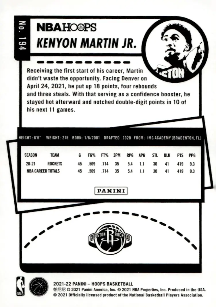 2021-22 NBA Hoops #194 Kenyon Martin Jr. (back)