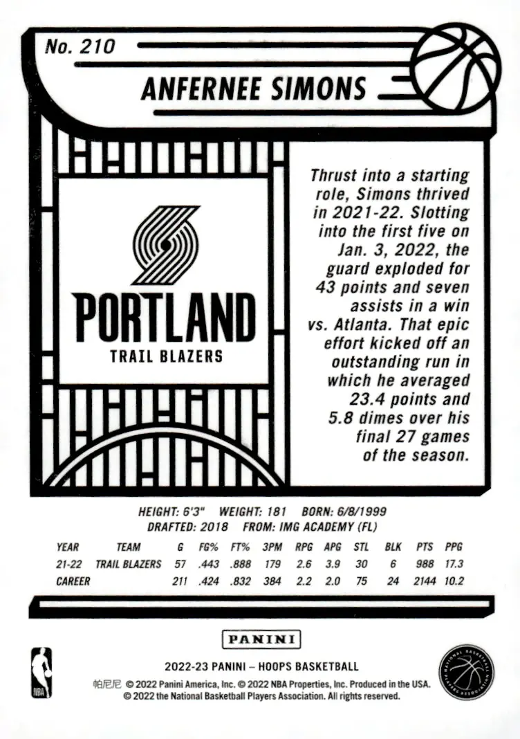 2022-23 NBA Hoops #210 Anfernee Simons (back)