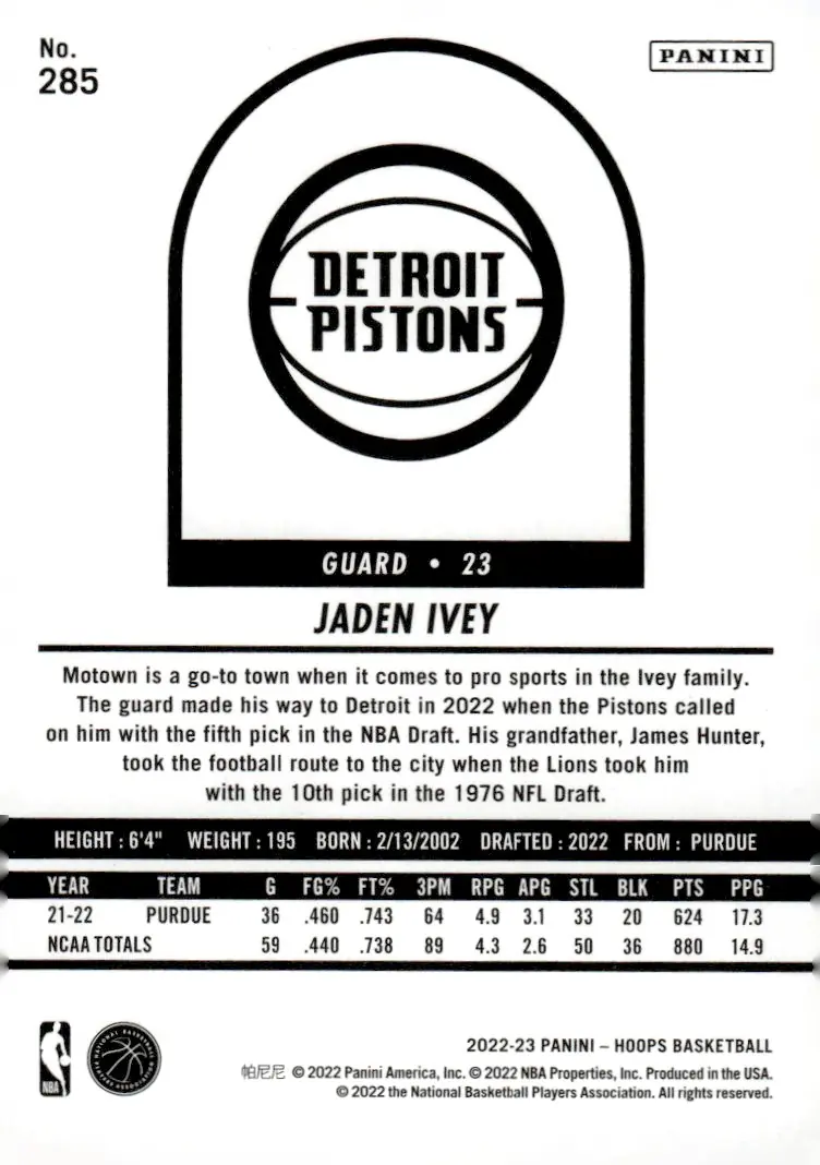 2022-23 NBA Hoops #285 Jaden Ivey (back)