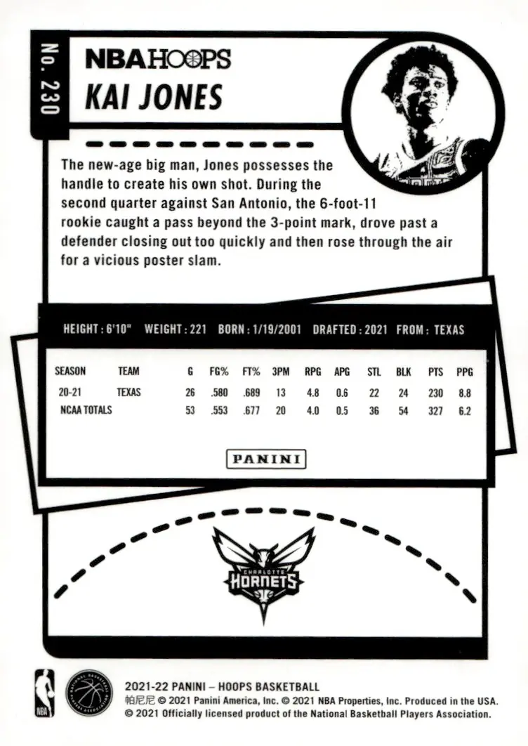 2021-22 NBA Hoops #230 Kai Jones (back)