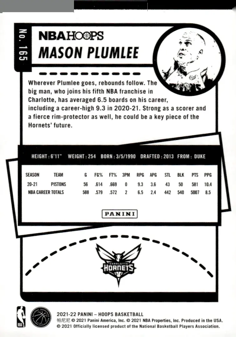 2021-22 NBA Hoops #165 Mason Plumlee (back)