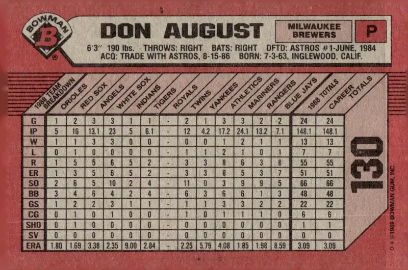 1989 Bowman #130 Don August (back)